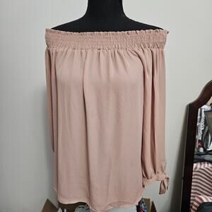 TIMING Blouse Tan Taupe 3/4 tie sleeve off shoulder womens size S